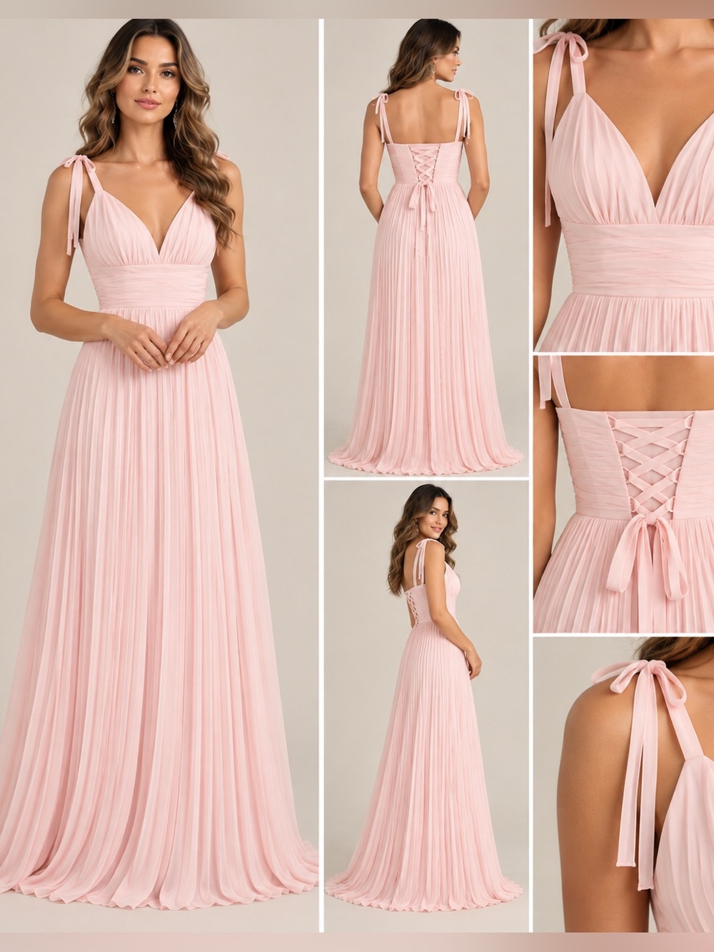 Blush Pink Pleated Chiffon Corset Formal Maxi Dress Tie Straps M NWT